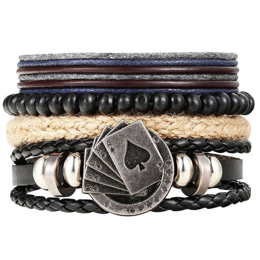 Punk Leather Lucky Spade Poker Charm Bracelet for Men