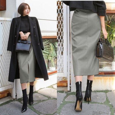 Fashionable Leather Skirt in Khaki, Blue, and Coffee Colors -  Medium Long High Waist Skirt