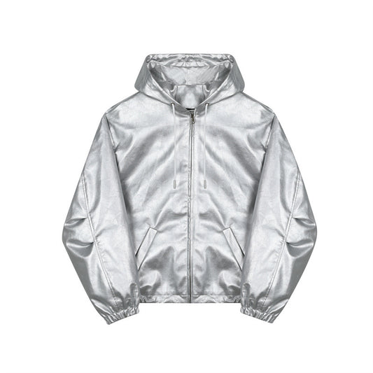 Oversized Waterproof Silver PU Leather Jacket for Men