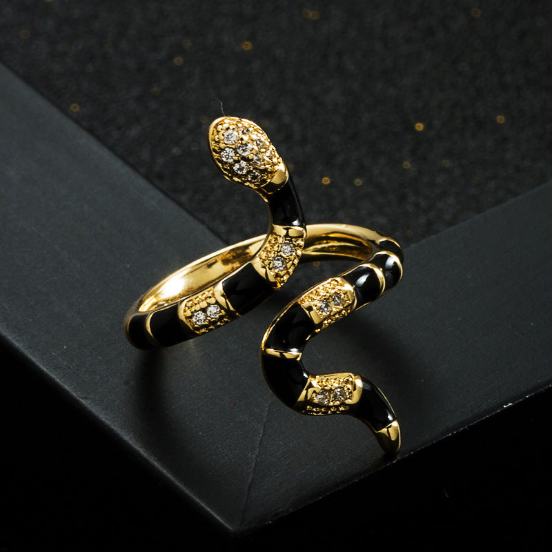 Harajuku Style Copper Gold Plated Zircon Drip Oil Snake Ring