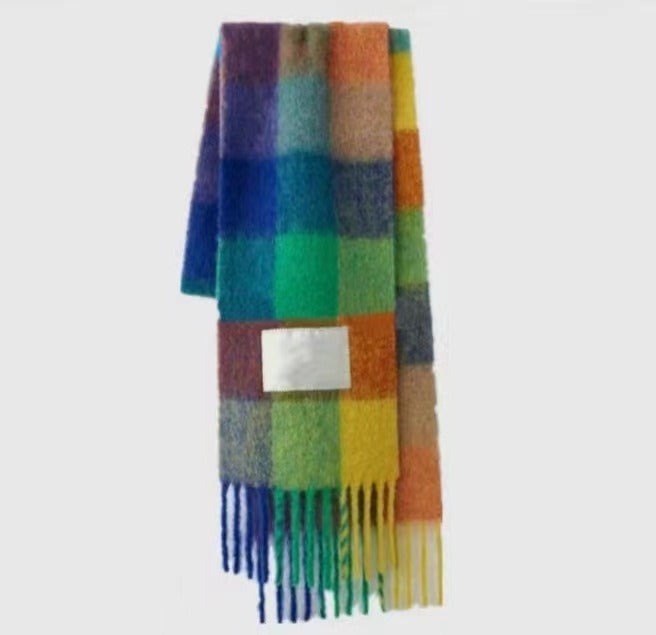 Rainbow Plaid Tassel Scarf for Autumn & Winter