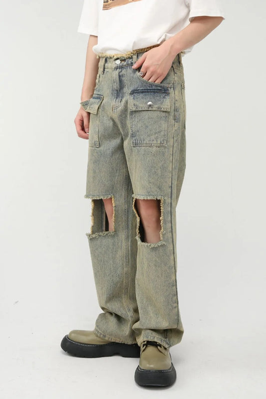 Raw Hem Distressed Jeans - Harajuku Style