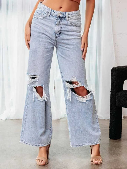 Distressed Wide Leg Jeans with Pockets - Harajuku Style