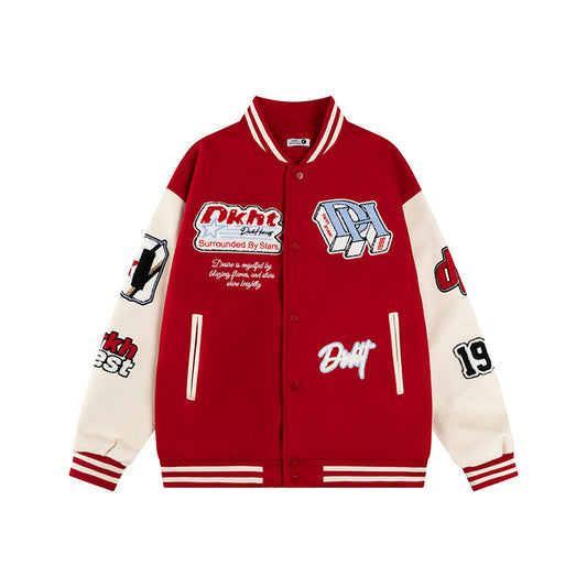 Letter Embroidered Baseball Jacket PU Leather Loose Fit Versatile Jacket