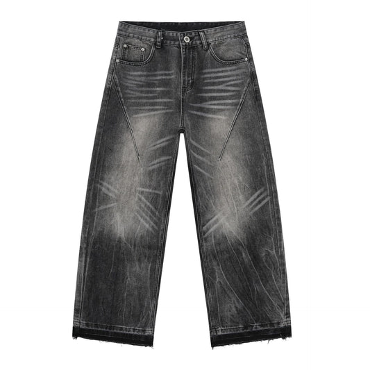 Nirben Denim | Frayed Hem Gray Loose Straight Jeans