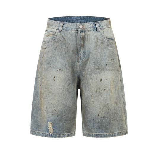 Washed Faded Splatter Hole Design Denim 7/8 Pants