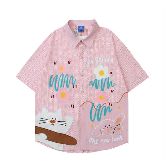 Retro Cute Cat Embroidery Loose Fit Summer Shirt