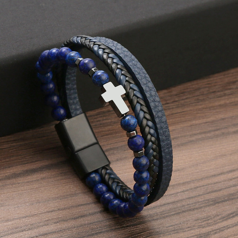 Men's Tiger Eye Stone Cross Bracelet - Harajuku Style