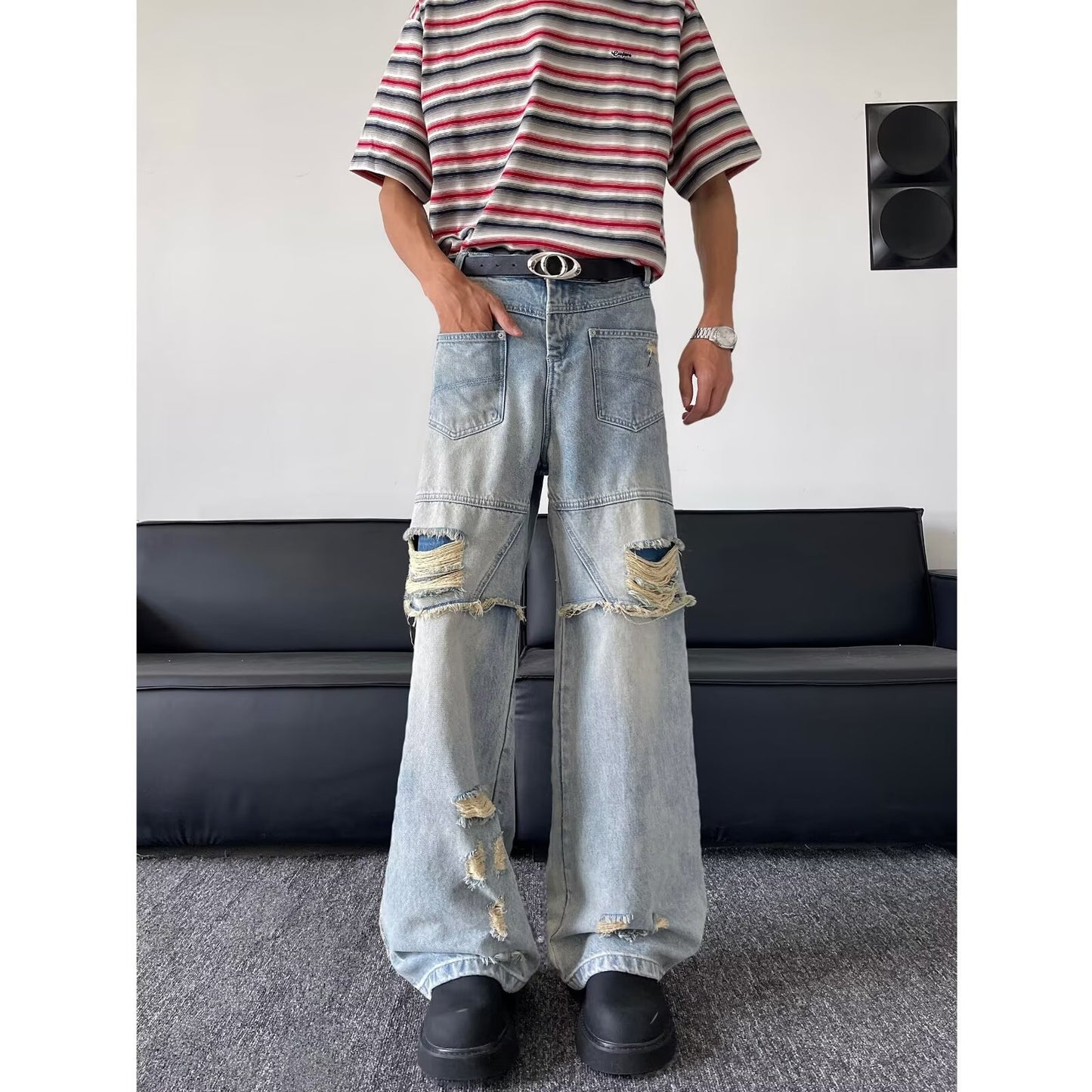 Washed Ripped Denim Wide Leg Pants