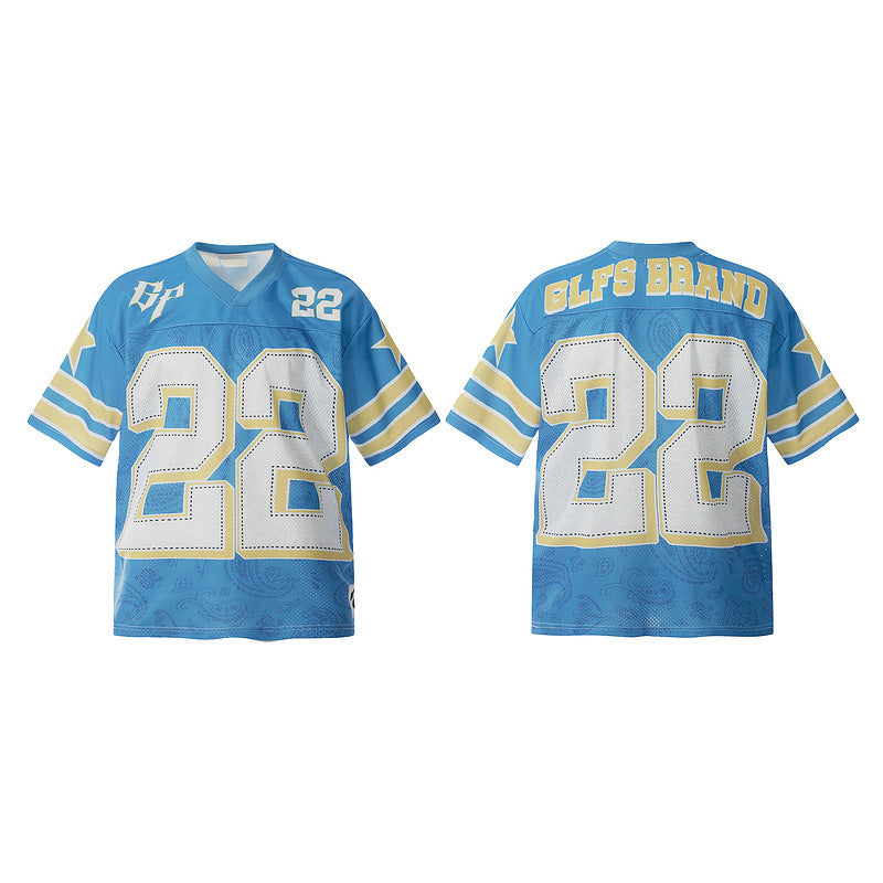 Football Street Retro V-Neck Jersey Men Loose Mesh Short Sleeve T-Shirt