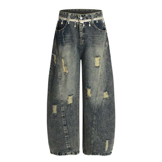 Punk Retro Distressed Denim Wide-Leg Pants for Men