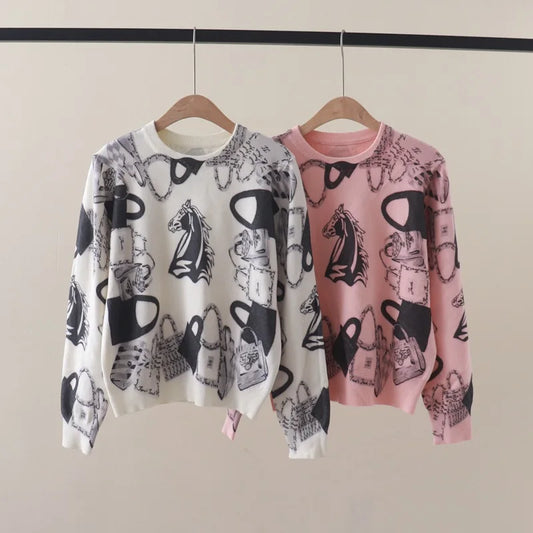 Anime Horse Graphic Pullover Sweater - Harajuku Style