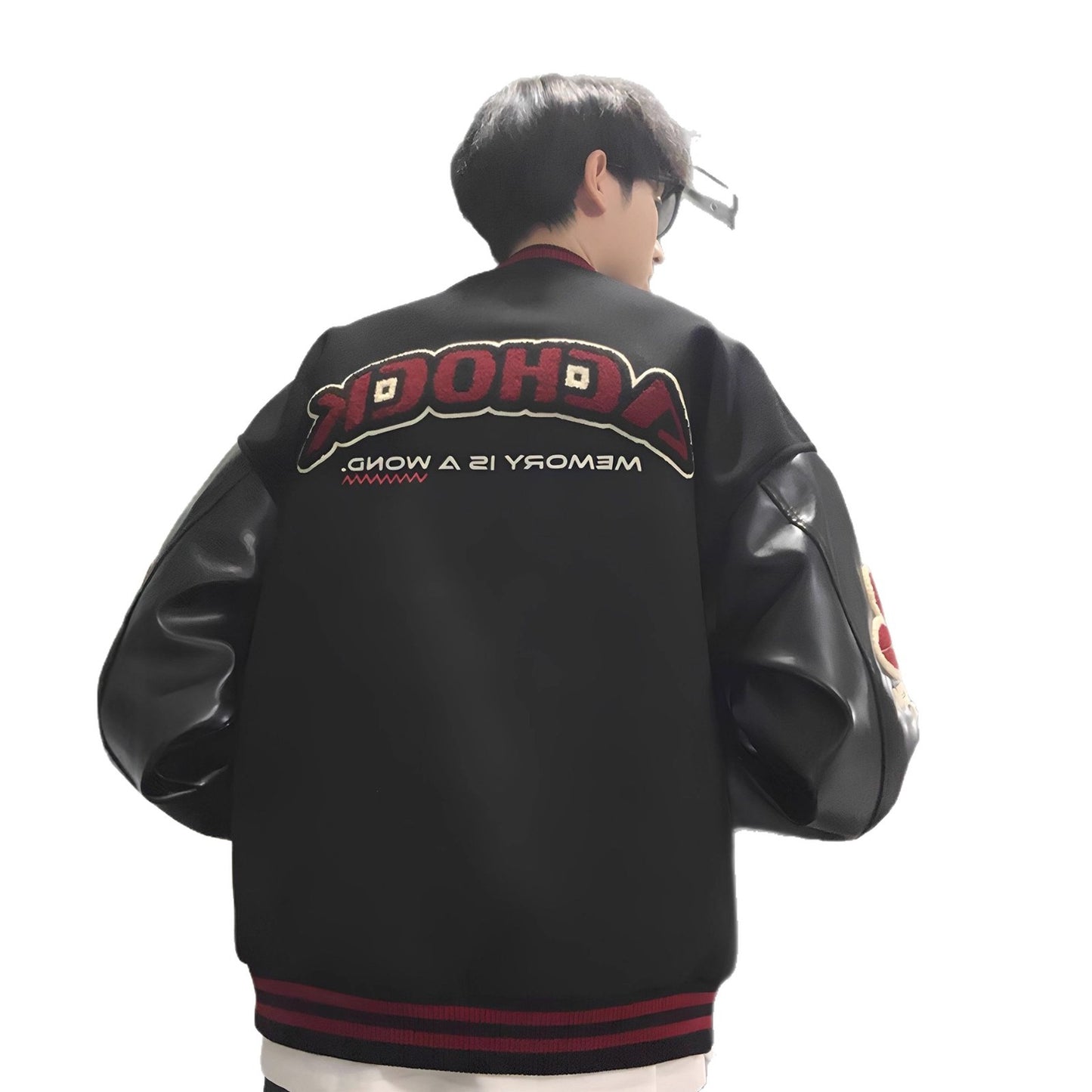 Vintage Streetwear Varsity Jacket with Patchwork Leather Sleeves and Embroidery