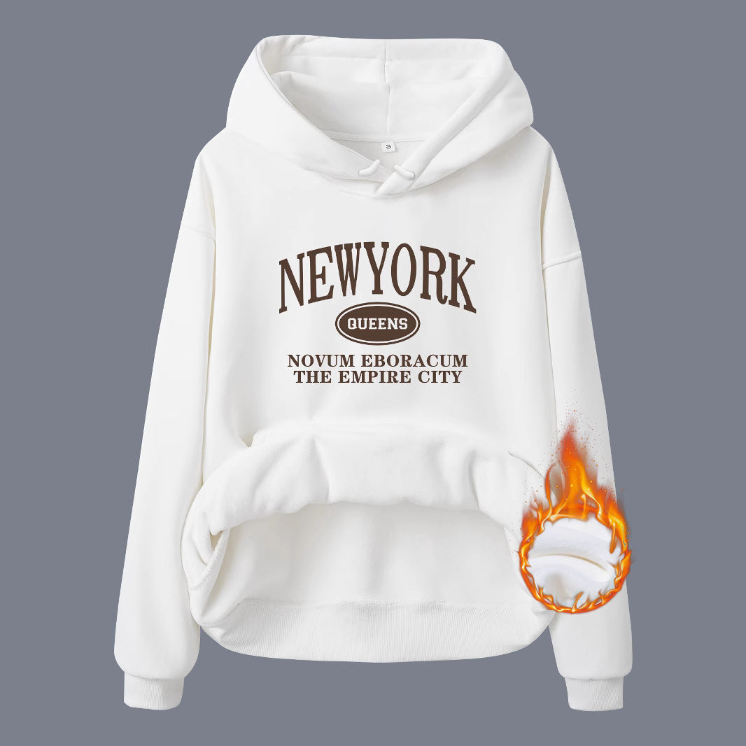 Pocket Hooded Long Sleeve Fleece Sweatshirt Top with NEW YORK Print