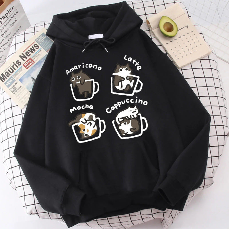 Cartoon Cat Cute Pattern Printed Hooded Sweatshirt Unisex Long Sleeve Casual Jacket Top