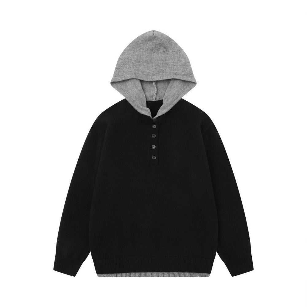 Fake Two-Piece Spliced Contrasting Hooded Knitted Sweater