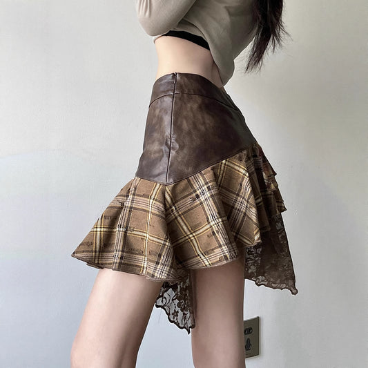 Wandering Girl Post-Apocalyptic Style Skirt with Plaid Splicing and Vintage V-Neck Lace Short Skirt