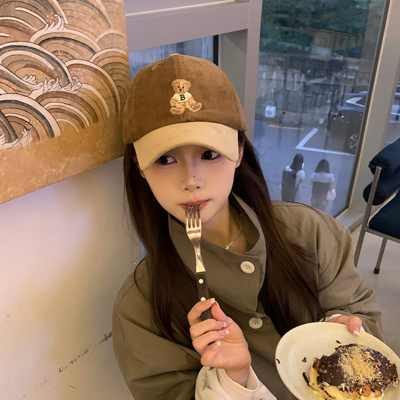 Cute Bear Embroidered Corduroy Baseball Hat for Women