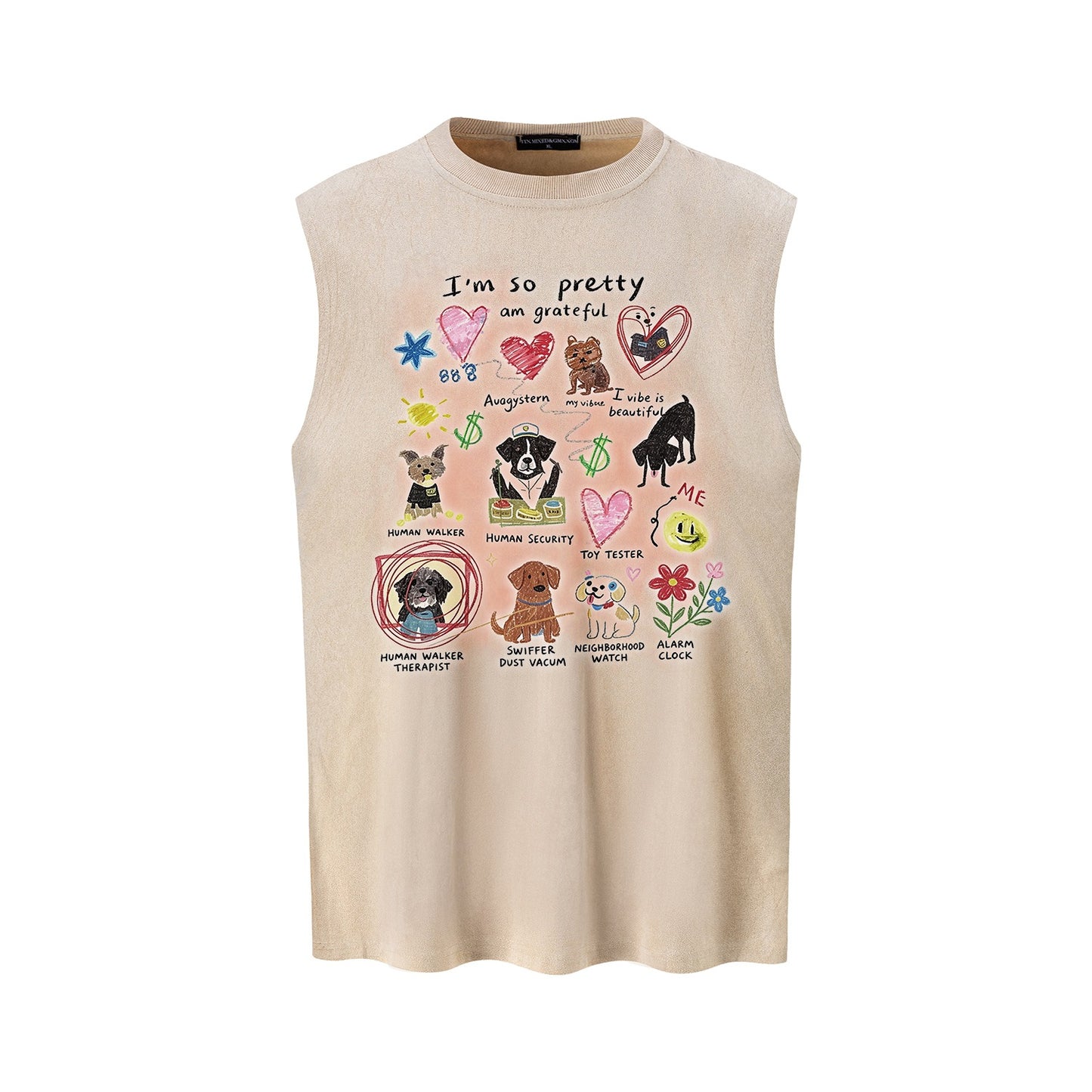 Graffiti Dog Print Vest — Harajuku Style Loose Cotton Blend Vest (Dark Gray, Pink, Apricot, Black)