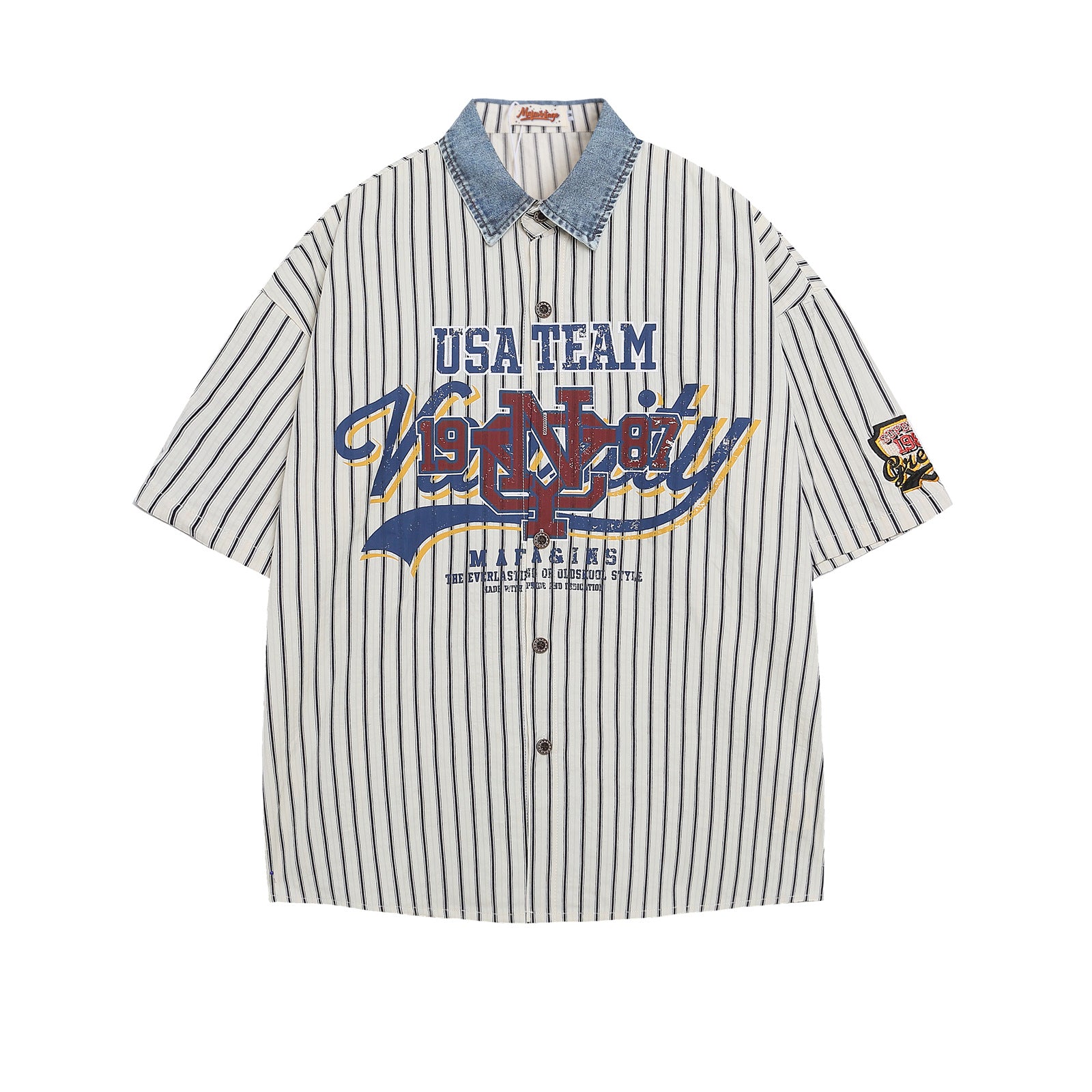 Retro Spliced Letter Print Striped Blouse