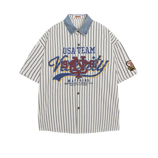 Retro Spliced Letter Print Striped Blouse
