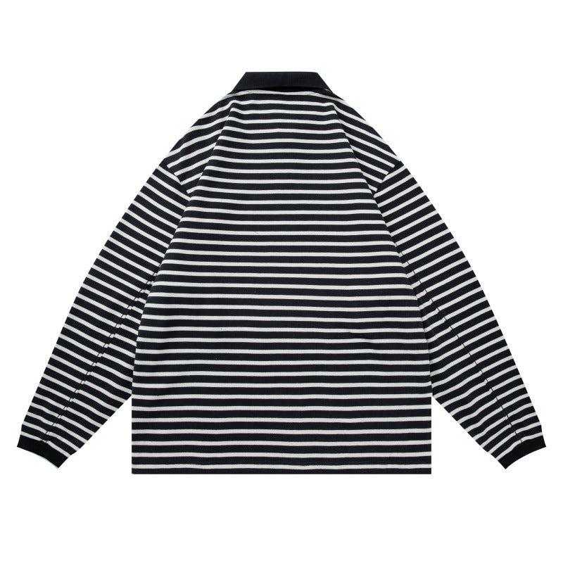 Casual Stripe Polo Shirt for Men - Loose Fit Long Sleeve T-Shirt