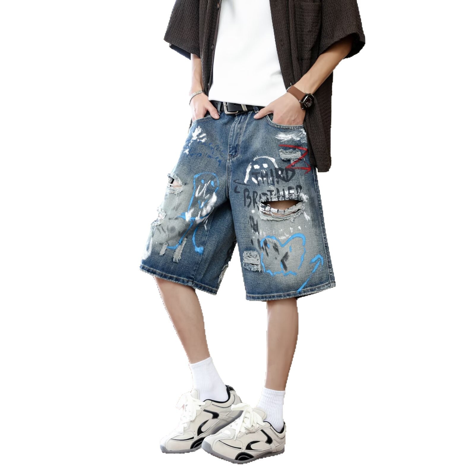 Harajuku Style Graffiti Printed Denim Cropped Pants