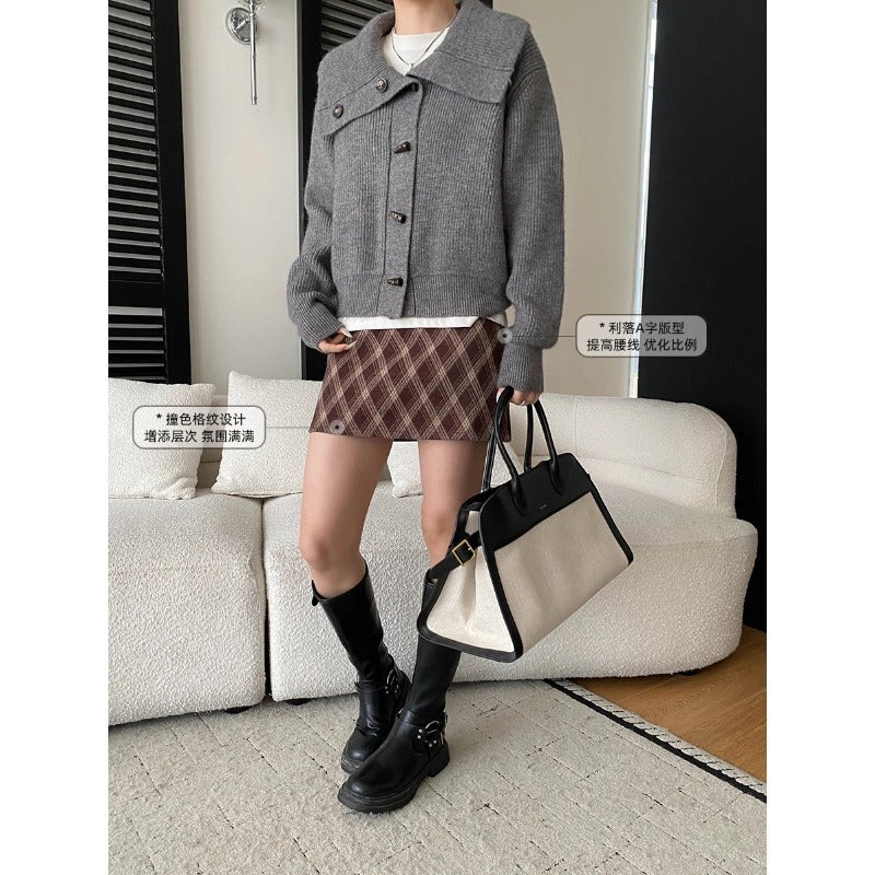 Vintage British Style Color-Blocked Plaid High-Waisted Slimming A-Line Wool Blend Mini Skirt