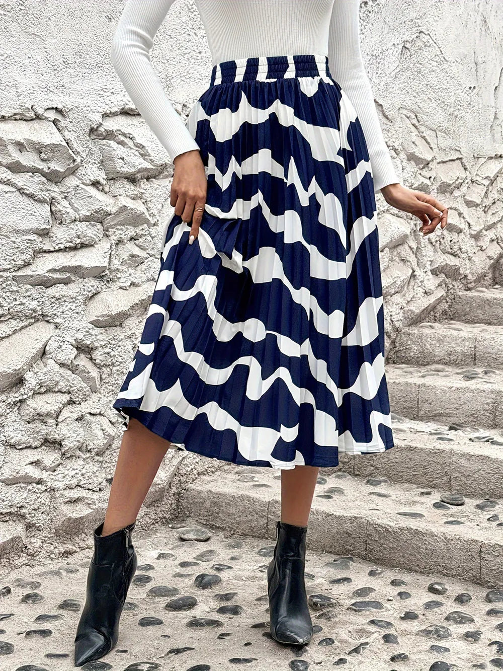 Playful Pleated Printed Elastic Waist Skirt