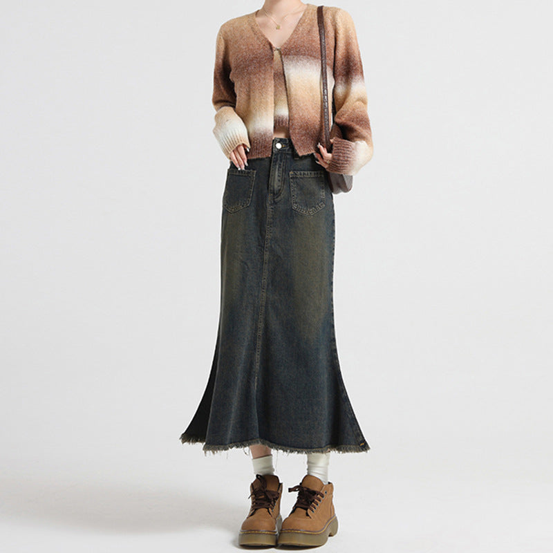 Lazy Style Versatile  Denim Skirt for Women - High Waist Slimming Mid-Length A-Line Pencil Skirt