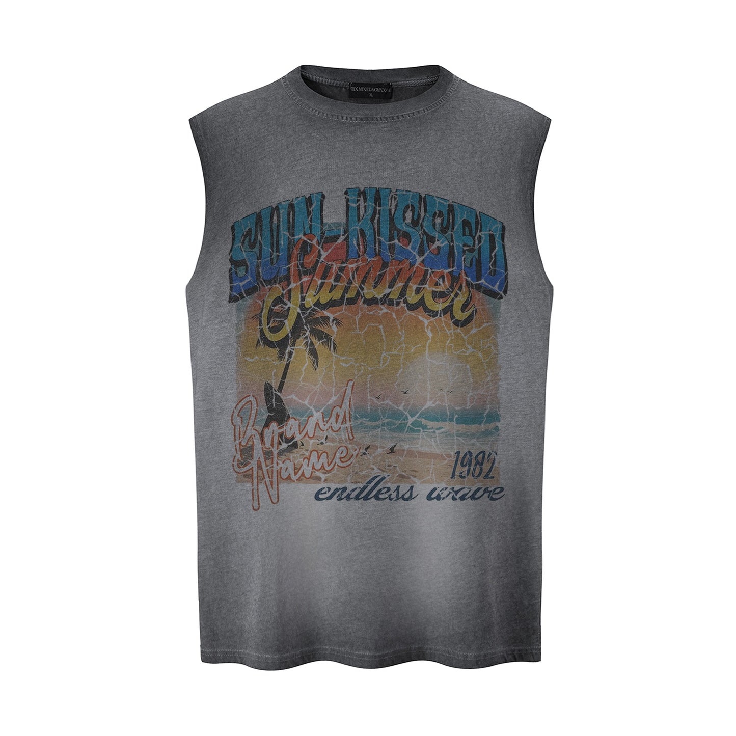 Cracked Beach Printed Vest — Harajuku Street-Style Loose Cotton Blend (Grey / Purple)