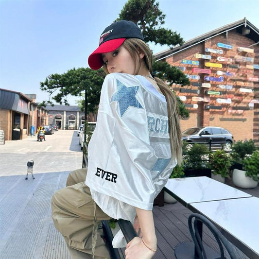 Splicing Digital Mesh Loose Short Sleeved T-Shirt for Women