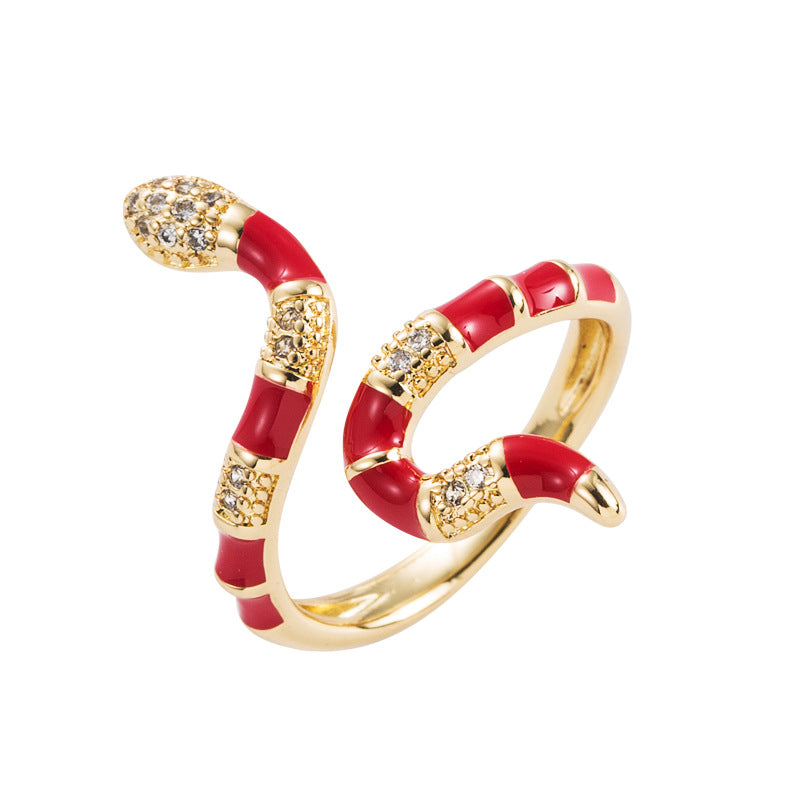 Harajuku Style Copper Gold Plated Zircon Drip Oil Snake Ring
