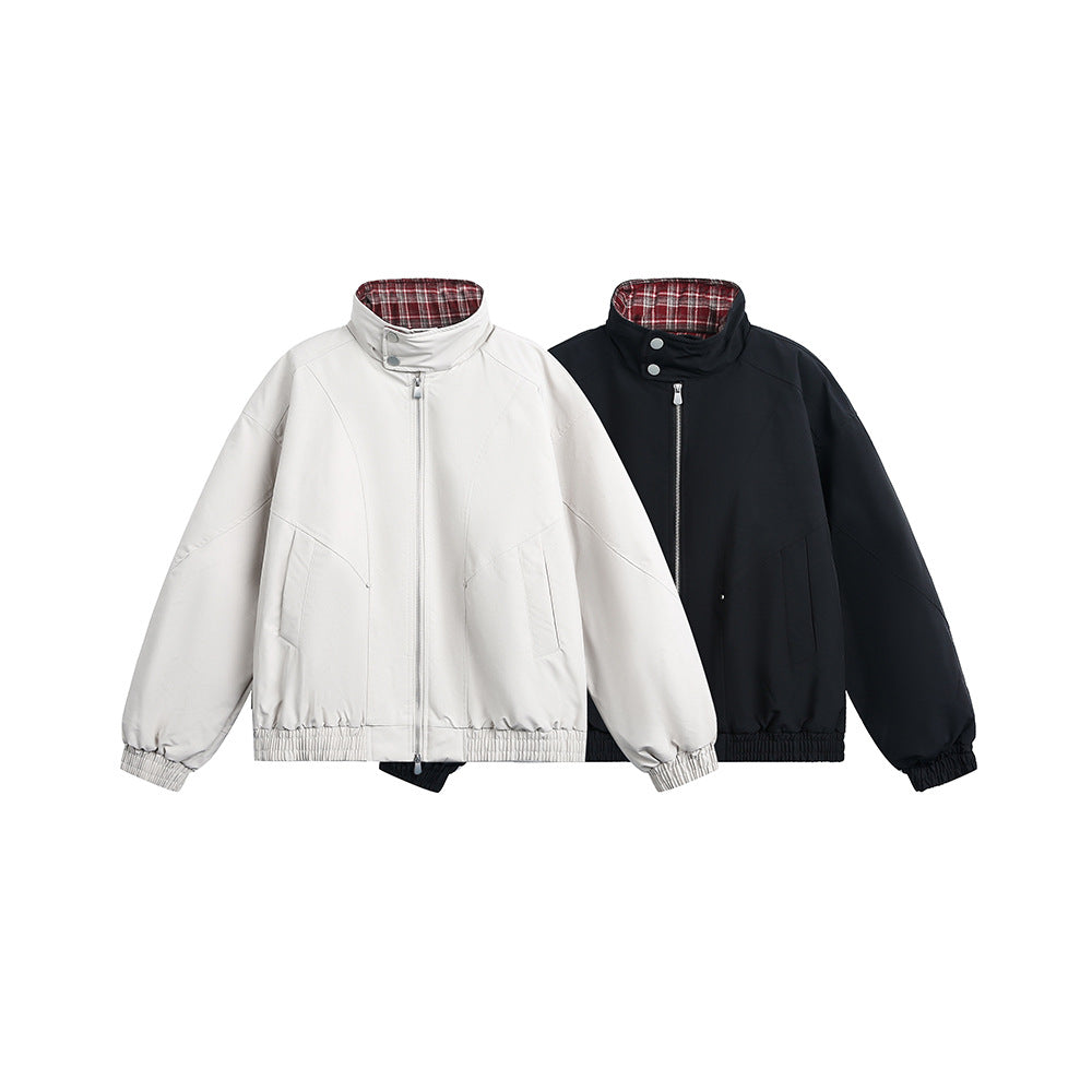 Splicing Plaid Stand-Up Collar Loose Jacket
