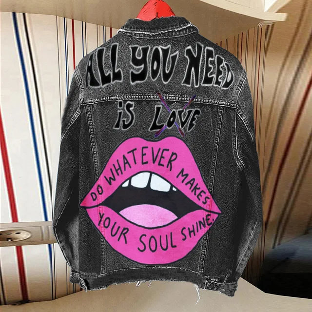 Harajuku Style Denim Jacket with Lip Letter Print