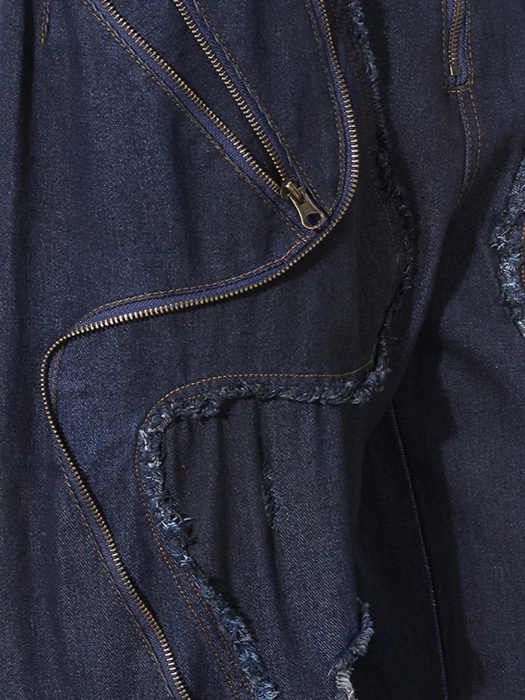 Playful High Waist Navy Blue Wide Leg Jeans with Zipper Pockets