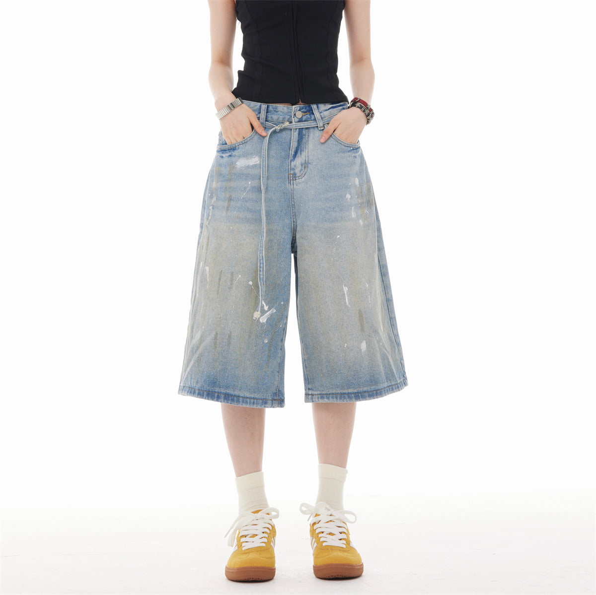 Retro Splash Ink Design Denim Cropped Shorts