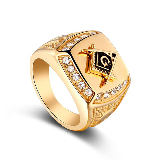 Vintage Masonic Gold Color Crystal Ring for Men