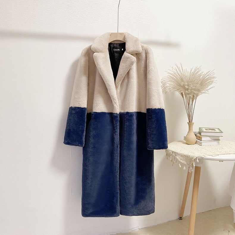 Mid-Length Mink Velvet Faux Fur Coat with Furry Collar