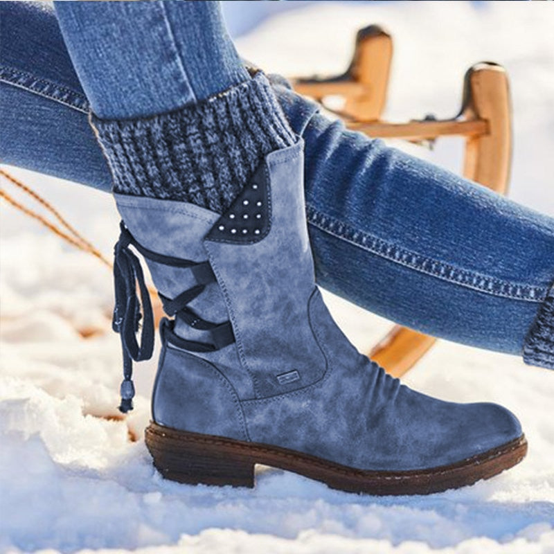 Women's Mid-Calf Boots - Flocked Snow Boots in Suede for Warm Comfort