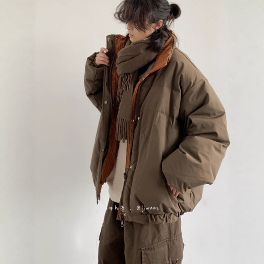 Winter Retro Patchwork Stand-Up Collar Reversible Down Cotton Coat for Men and Women - Loose Thick Warm Cotton Jacket