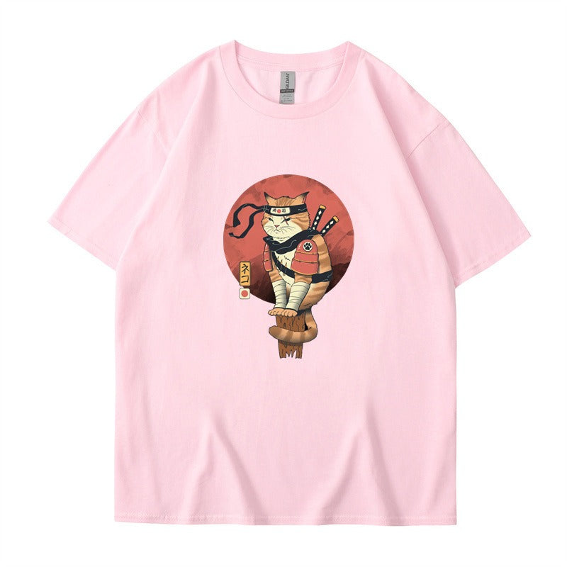 Ninja Cat Print T-Shirt - Short Sleeved Round Neck