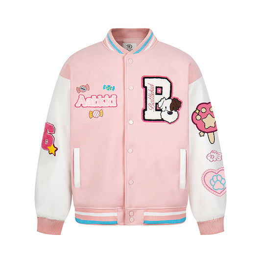 Letter Embroidery Color-blocked Thick Baseball Jacket Casual Terry Cloth Coat