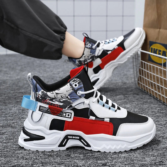 Men's High Top White Sports Shoes - Thick Sole & Stylish
