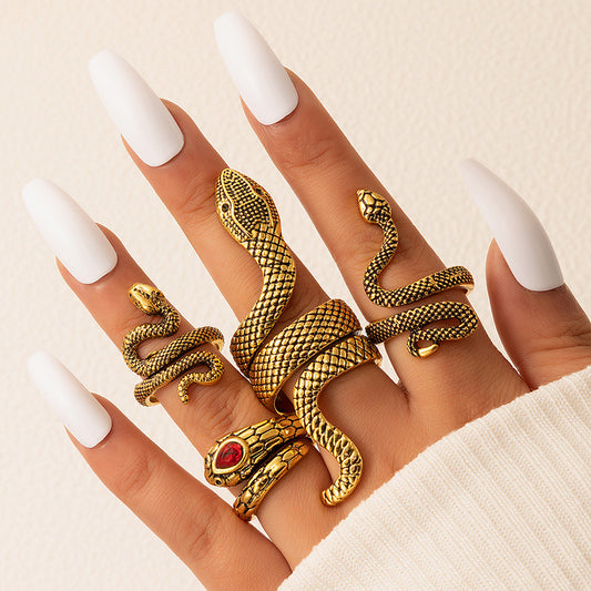Playful Ruby Inlaid Snake Ring Set - Ancient Gold
