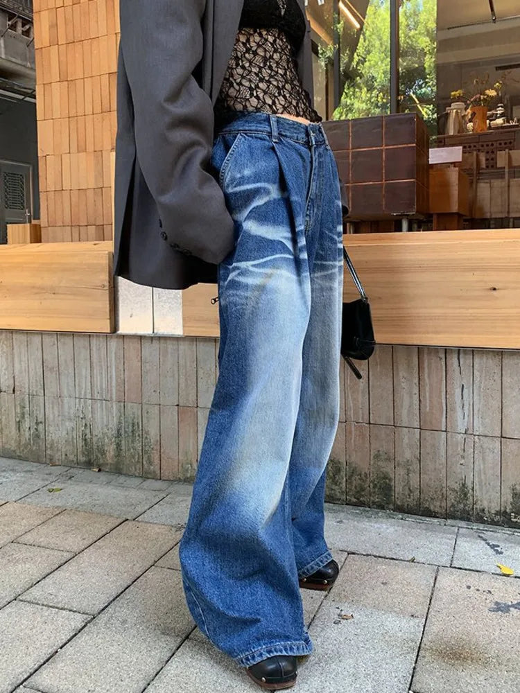 Harajuku Style Loose Pleated Wide Leg Jeans for Women