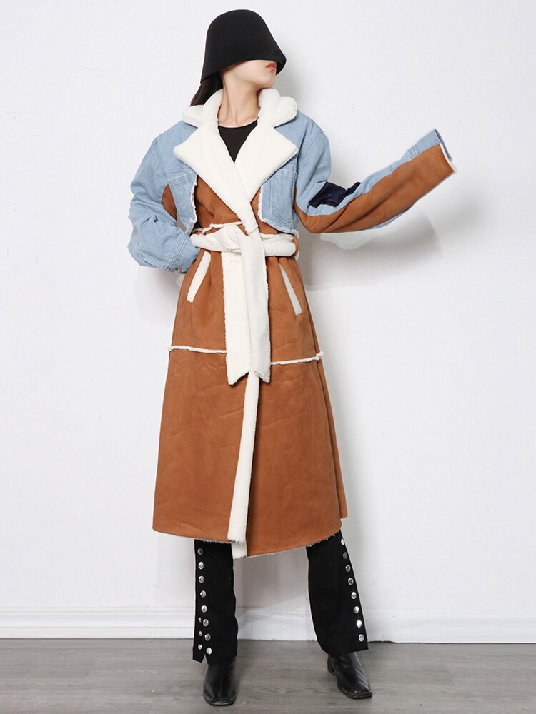 Lace Up Patchwork Denim Lambswool Jacket for Women