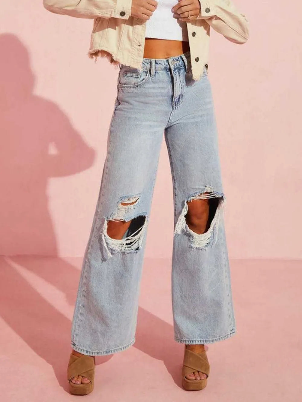 Distressed Wide Leg Jeans with Pockets - Harajuku Style