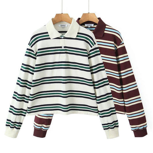 Two-Tone POLO Collar Long Sleeve T-Shirt - Harajuku Style