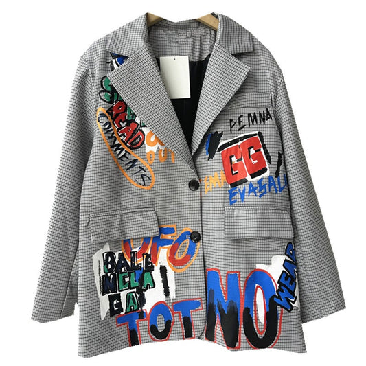 Harajuku Plaid Graffiti Jacket - Loose Fit Women's Suit